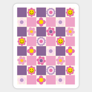 Retro Checkered Floral Pattern Pink and Purple Sticker